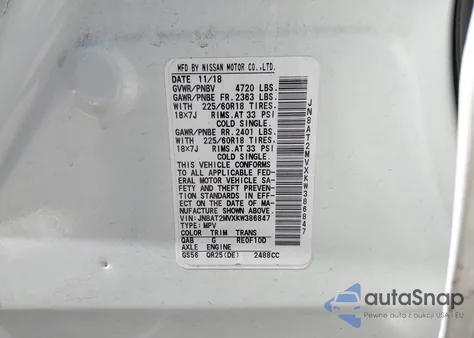 2019 Nissan Rogue Sv z USA, uszkodzony, nr VIN JN8AT2MVXKW386847